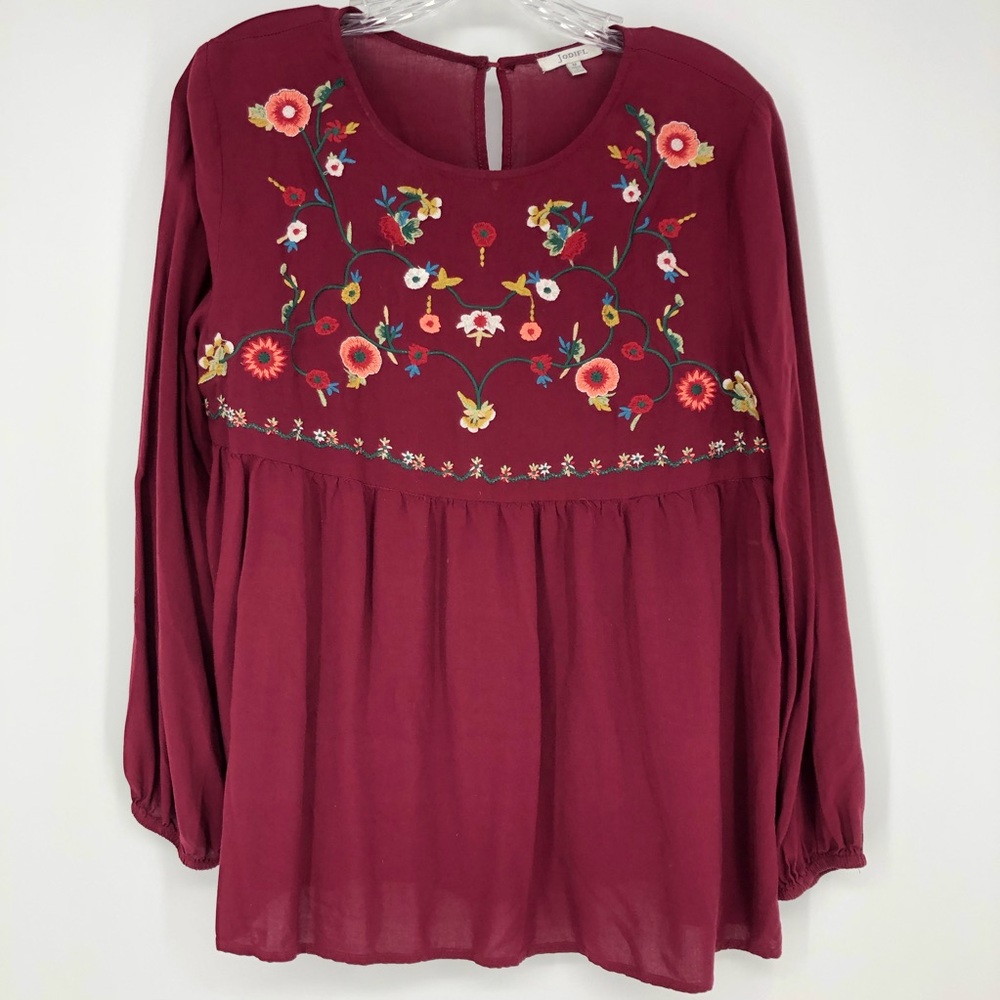 Jodifl Floral Embroidered Long Sleeve Blouse Burgundy Size Medium